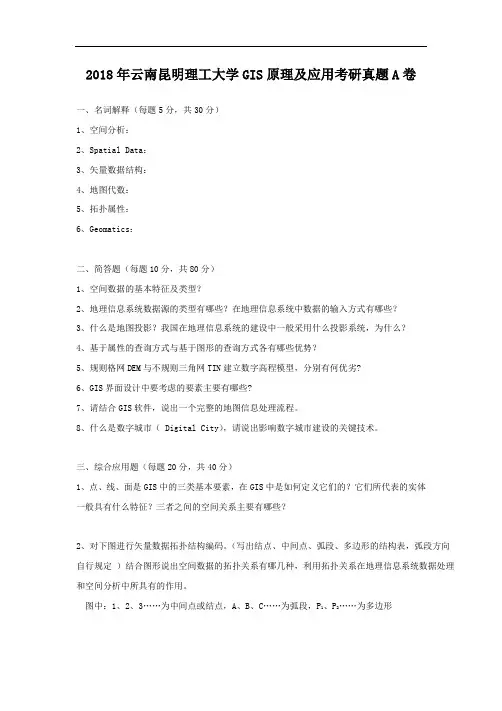 2018年云南昆明理工大学GIS原理及应用考研真题A卷 (1)