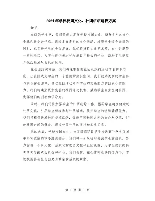 2024年学校校园文化、社团组织建设方案
