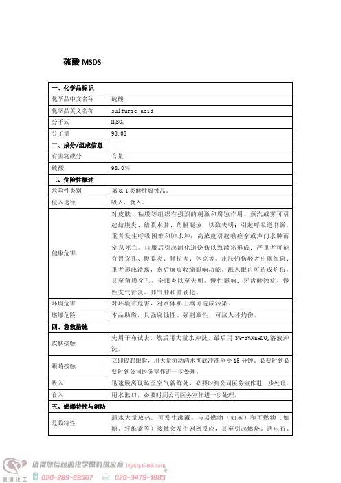 硫酸安全技术说明书 MSDS