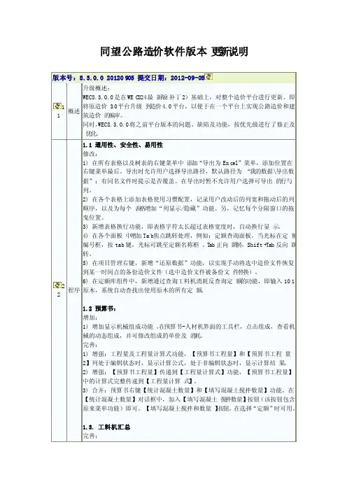 同望公路造价软件版本更新说明