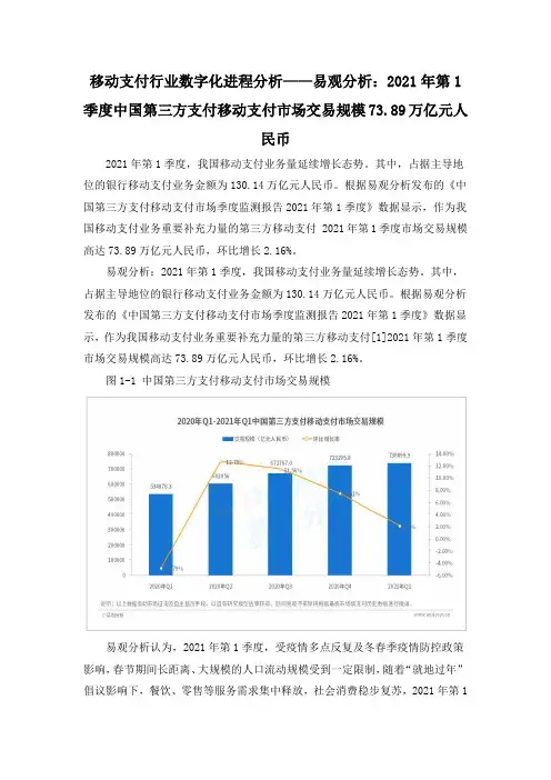 移动支付行业数字化进程分析——易观分析：2021年第1季度中国第三方支付移动支付市场交易规模73.8