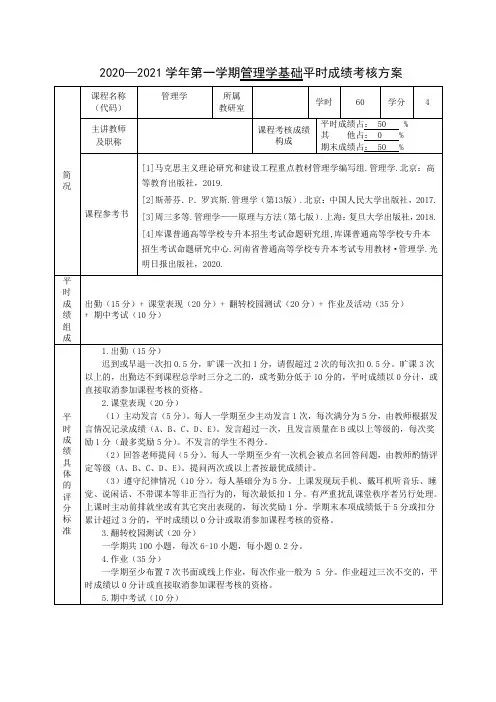 平时成绩考核方案—管理学基础(60课时)