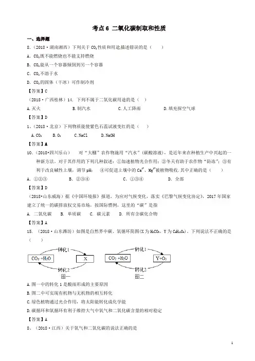2019年中考化学真题分类汇编：考点6-二氧化碳制取和性质(有答案)