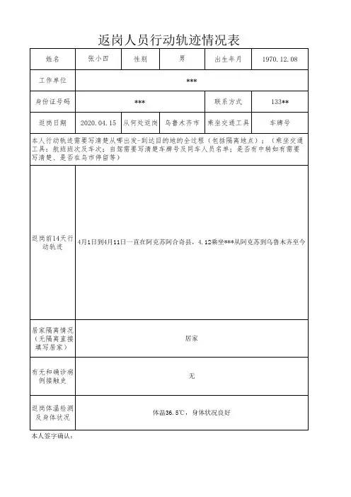 返岗人员行动轨迹情况表 