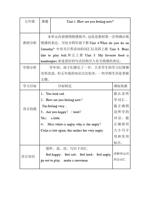 五年级英语第一单元第二节How are you feeling now？教学设计
