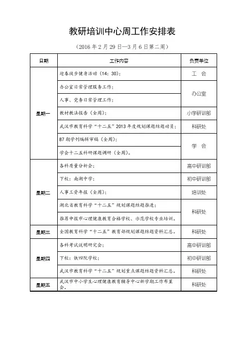 教研培训中心周工作安排表
