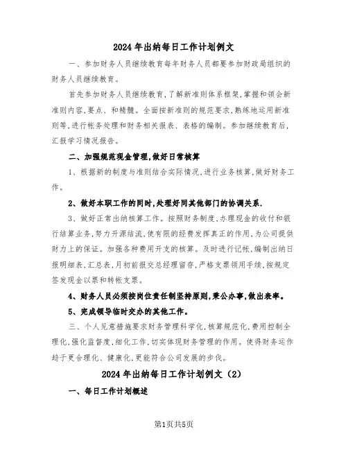 2024年出纳每日工作计划例文(3篇)