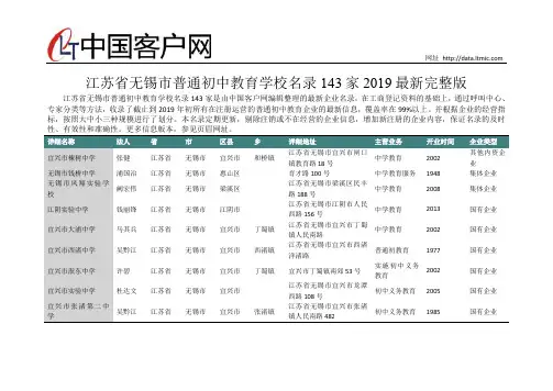 江苏省无锡市普通初中教育学校名录2019版143家