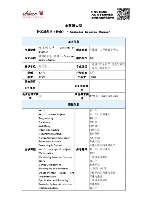 布莱顿大学计算机科学(游戏)本科申请条件