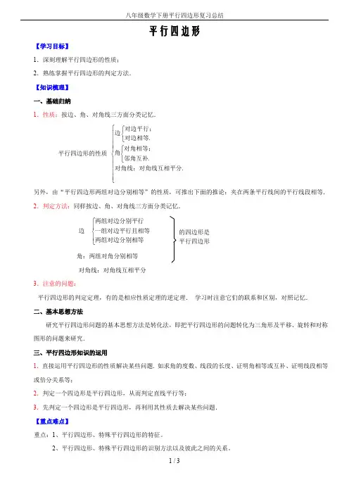 八年级数学下册平行四边形复习总结