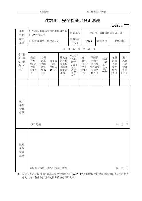 建筑施工安全检查评分汇总表