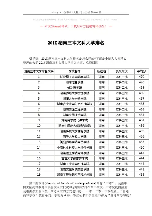 2018年201X湖南三本文科大学排名-推荐word版 (2页)