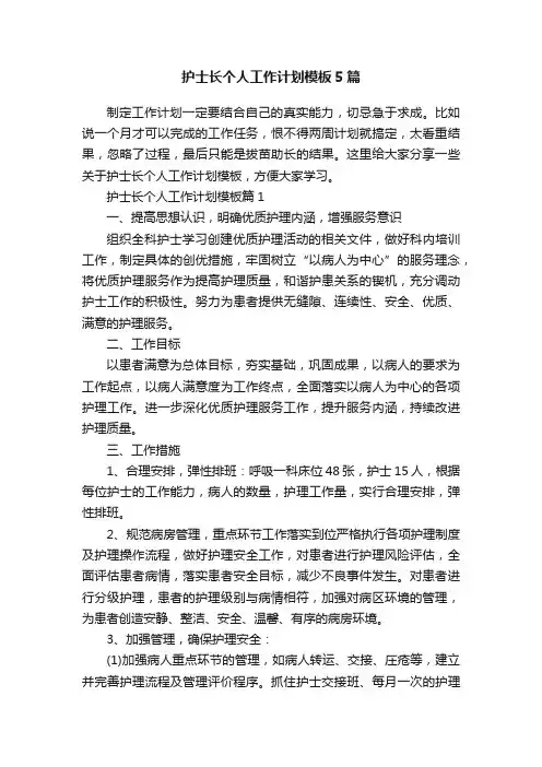 护士长个人工作计划模板5篇