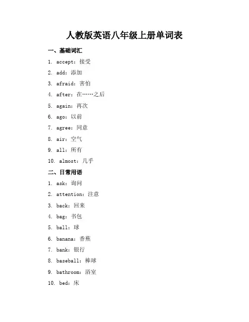 人教版英语八年级上册单词表