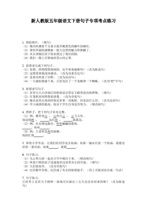 新人教版五年级语文下册句子专项考点练习