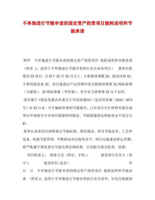 不单独进行节能审查的固定资产投资项目能耗说明和节能承诺
