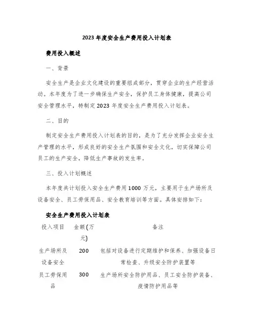 2023年度安全生产费用投入计划表