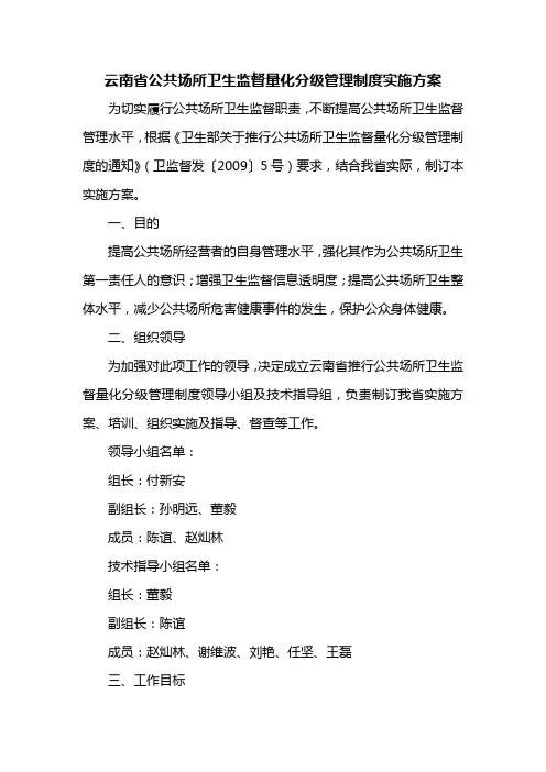 云南省公共场所卫生监督量化分级管理制度实施方案