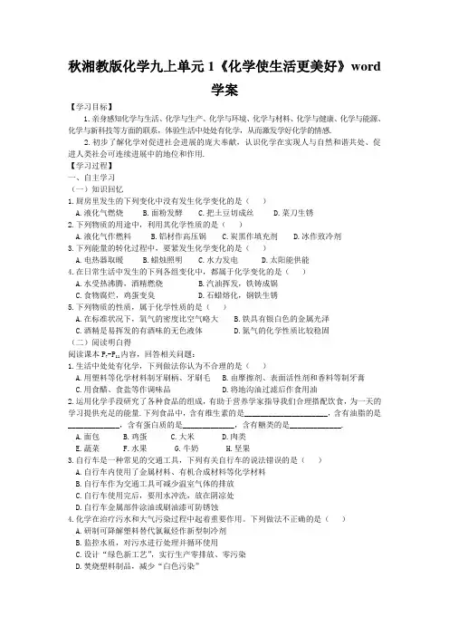 秋湘教版化学九上单元1《化学使生活更美好》word学案