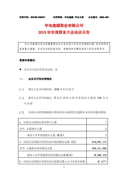 华电能源：2019年年度股东大会决议公告