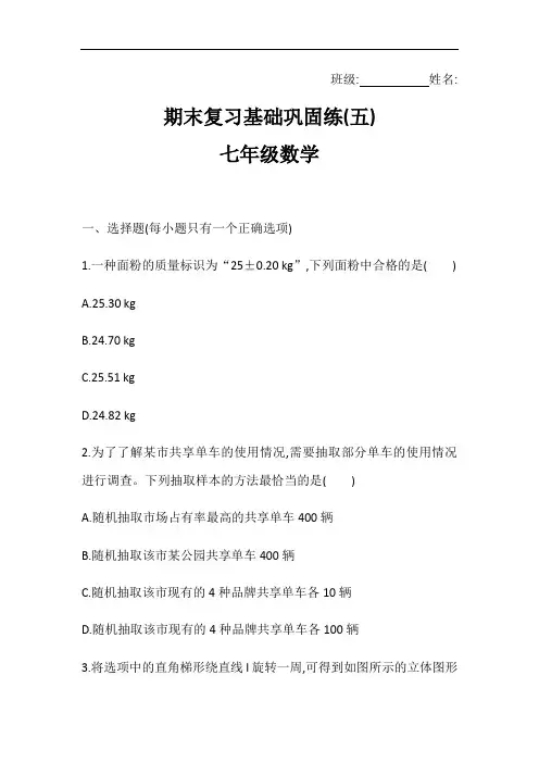 北师大版七年级数学上册课课练 期末复习基础巩固练五