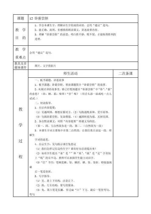 《卧薪尝胆》第一课时教学设计