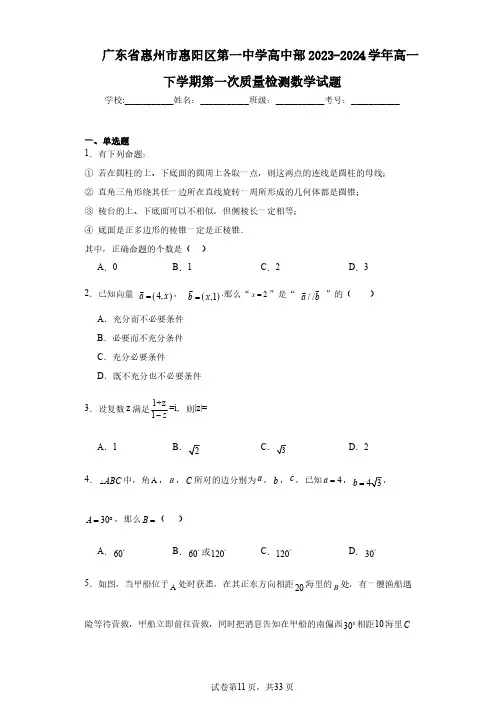 广东省惠州市惠阳区第一中学高中部2023-2024学年高一下学期第一次质量检测数学试题