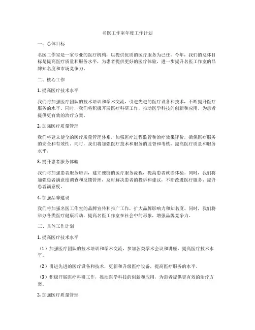 名医工作室年度工作计划
