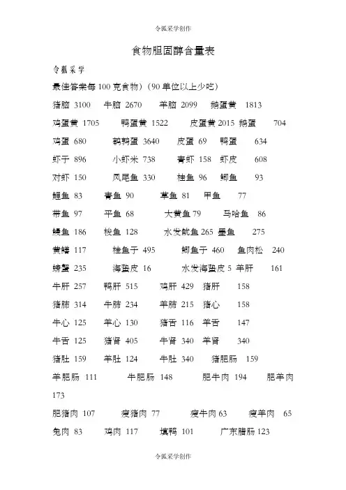 食物胆固醇含量表