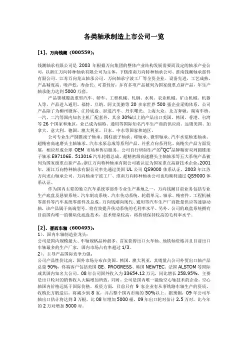 各类轴承制造上市公司一览