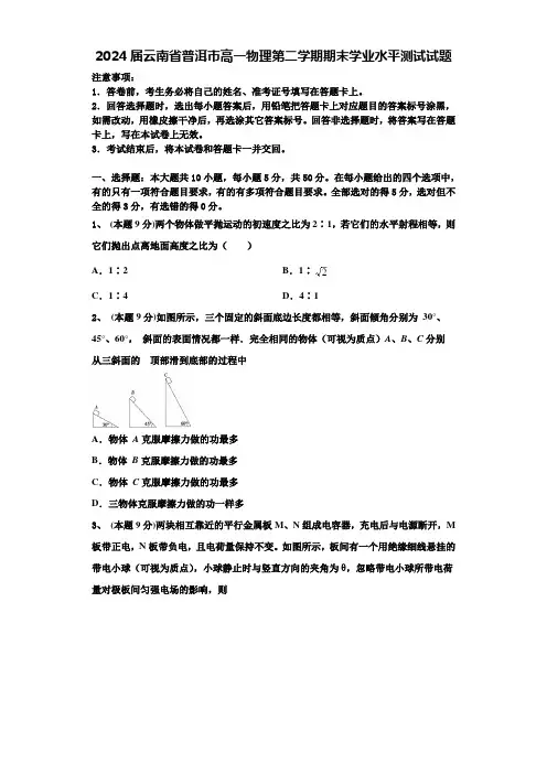 2024届云南省普洱市高一物理第二学期期末学业水平测试试题含解析