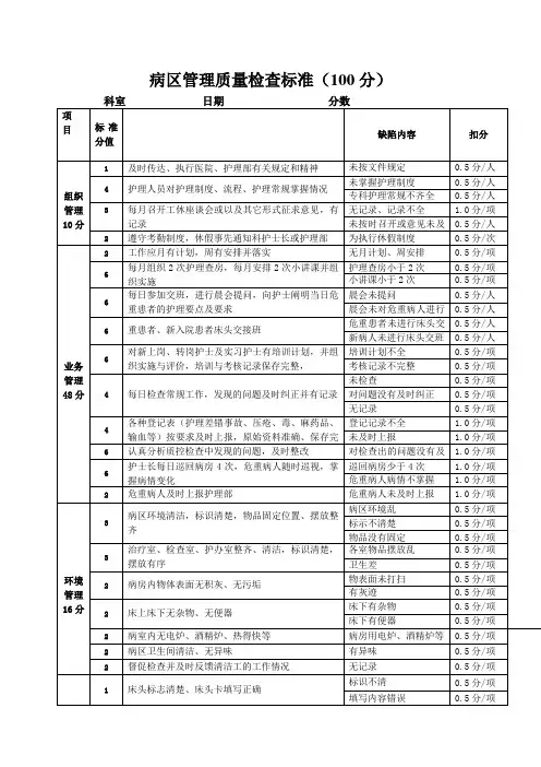 病区管理质量检查标准