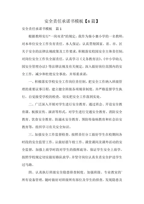 安全责任承诺书模板【6篇】