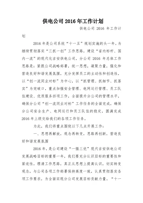 供电公司2016年工作计划