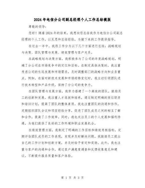 2024年电信分公司副总经理个人工作总结模版（2篇）