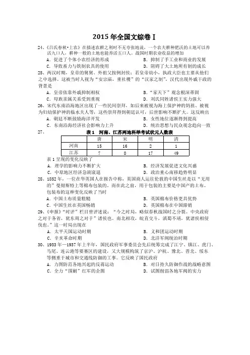 2015年全国文综卷1（有答案）