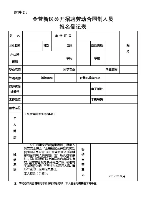 金普新区公开招聘劳动合同制人员报名登记表【模板】