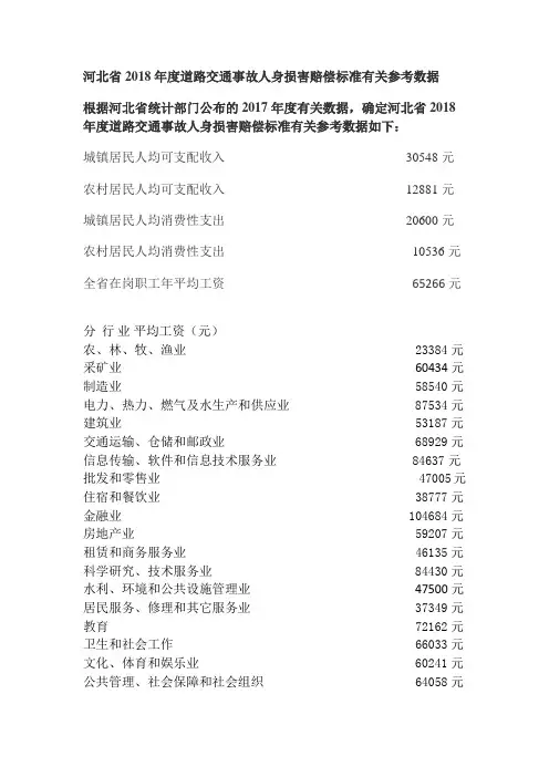 河北省2018年度道路交通事故人身损害赔偿标准有关参考数据