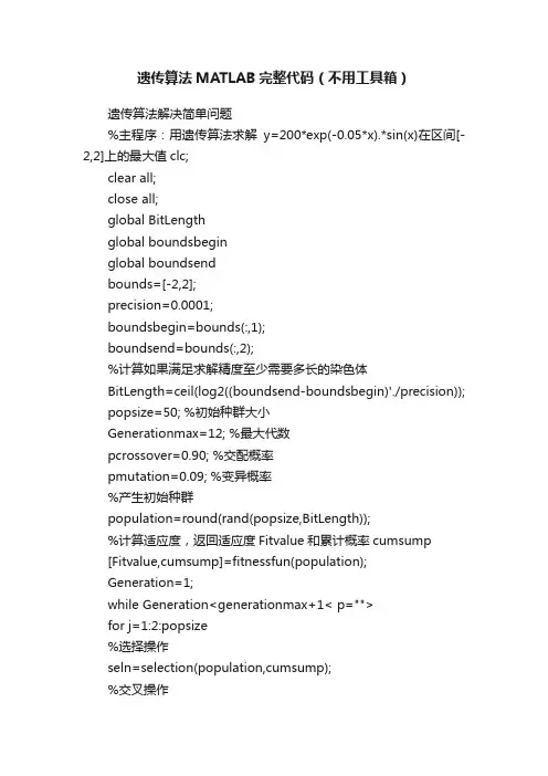 遗传算法MATLAB完整代码（不用工具箱）