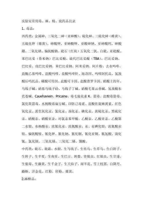 实验室常用毒麻精药品