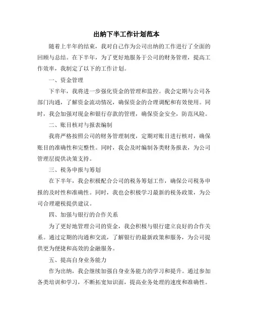 出纳下半工作计划范本