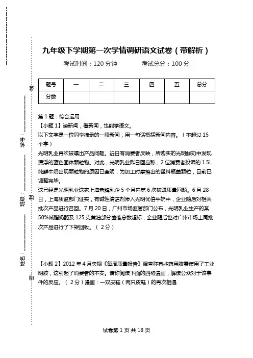 九年级下学期第一次学情调研语文试卷(带解析).doc