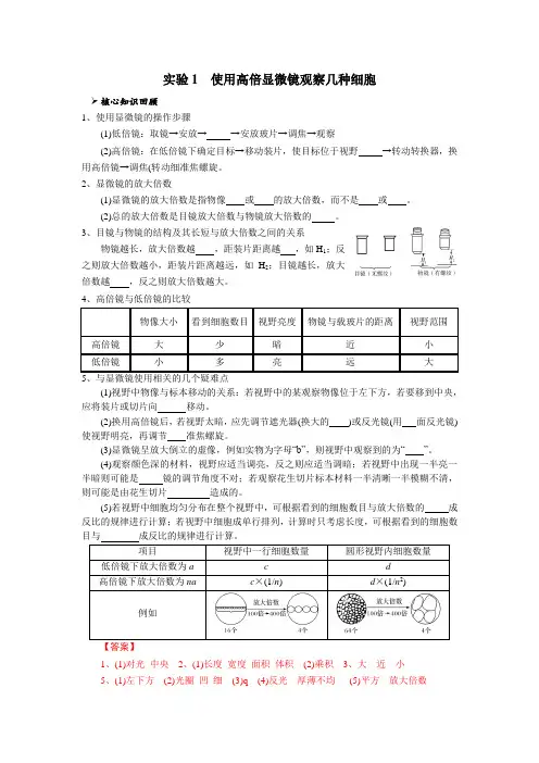 实验1 使用高倍显微镜观察几种细胞(解析版)
