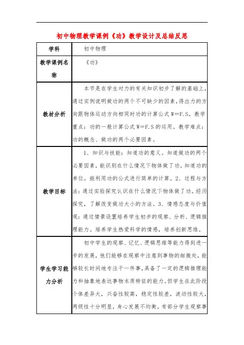 初中物理教学课例《功》教学设计及总结反思