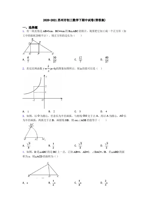 2020-2021苏州市初三数学下期中试卷(带答案)