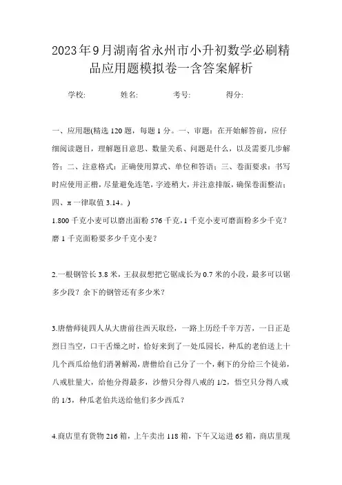 2023年9月湖南省永州市小升初数学必刷精品应用题模拟卷一含答案解析