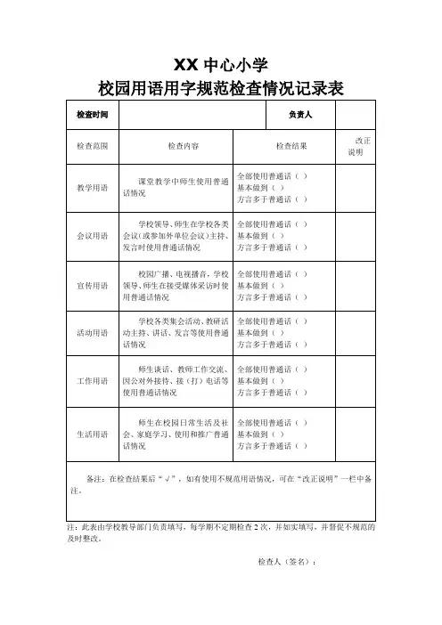 校园用语用字规范检查情况记录表等.doc