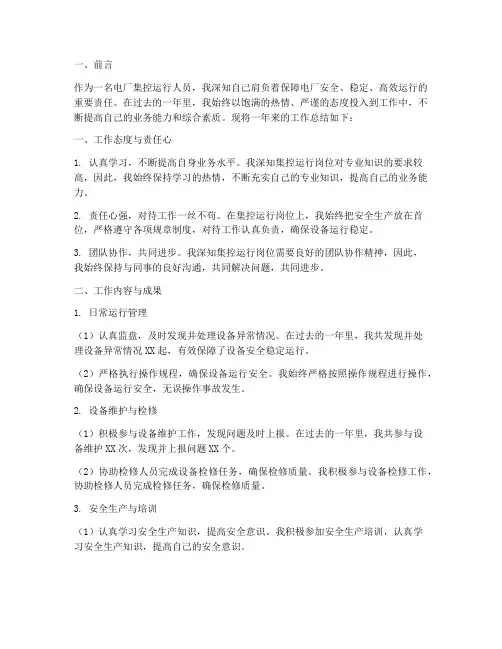 电厂集控运行个人工作总结
