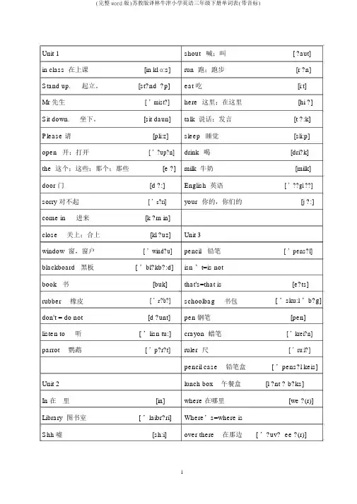 (完整word版)苏教版译林牛津小学英语三年级下册单词表(带音标)