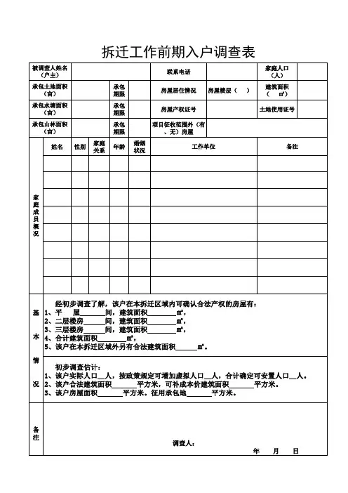 拆迁前期工作入户调查表